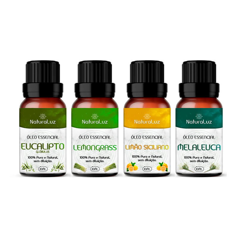 Kit Renova - 4 Óleos Essenciais Puros (Eucalipto, Lemongrass, Limão Siciliano e Melaleuca)